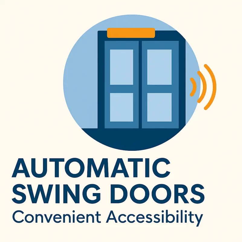 Illustration of an automatic swing door operator installed on a commercial entry door, promoting accessibility and modern security solutions.