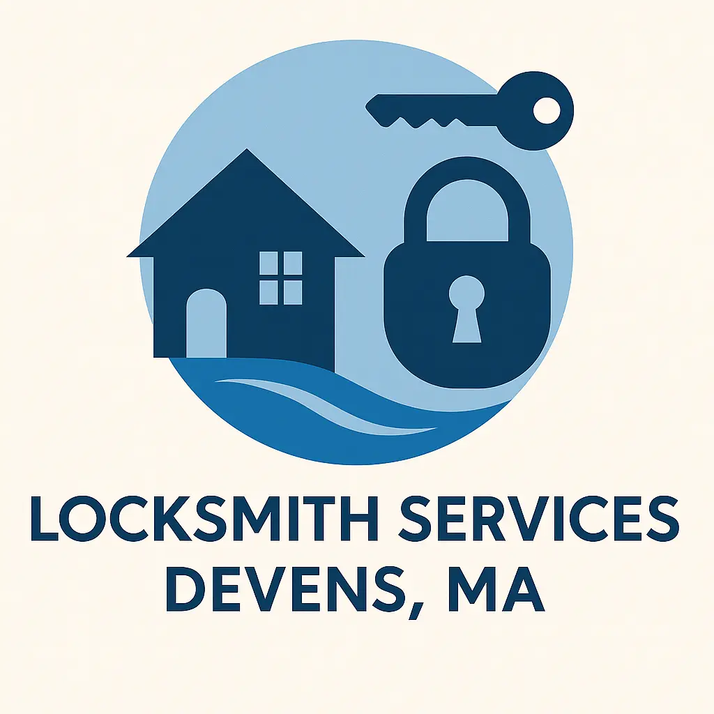 Flat-style illustration showing local locksmith services in Devens, MA with locks and keys imagery.