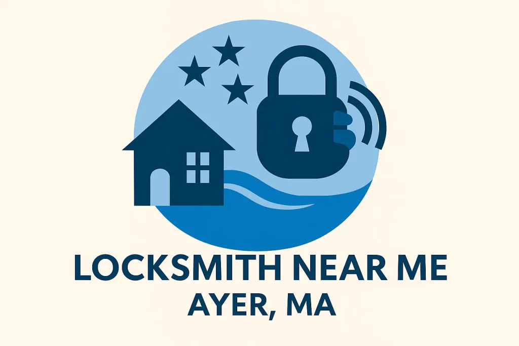 Flat style image, blue with house and lock promoting locksmith near me in ayer,ma
