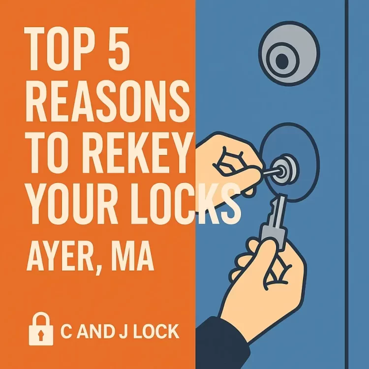 Flat-style illustration showing a locksmith rekeying a residential door lock with bold text reading “Top 5 Reasons to Rekey Your Locks – Ayer, MA” and the C and J Lock logo.